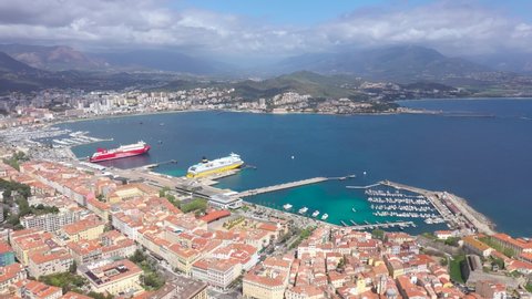 France, Corse, Ajaccio, wide drone aerial view from Margonajo pier to Tino Rossi harbour and Miollis citadel.
