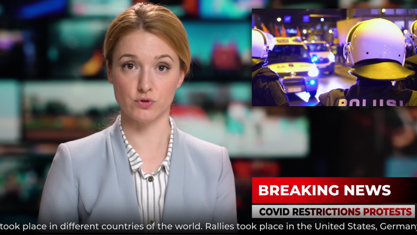 TV studio news female anchor presenter talking breaking news about mass protests against COVID quarantine restrictions Royalty-Free Stock Footage #1071308590