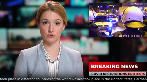 TV studio news female anchor presenter talking breaking news about mass protests against COVID quarantine restrictions
