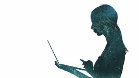 Double exposure silhouette. AI digital workflow. Blue glitter stardust animation in profile portrait of woman working online with laptop isolated on white copy space background. - Powered by Shutterstock - Get 15% off with code: PIKWIZARD15