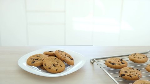 Woman takes a piece of chocolate chip cookies from white plate, near glass of milk and biscuits on cooling rack. Quick snack for teatime. Recipe of freshly baked dessert cookie with chocolate drops.