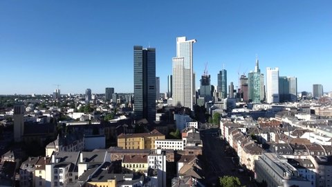 Aerial drone view of Skyline in Frankfurt am Main, Germany.