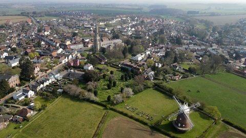Thaxted Essex UK Aerial town and windmill Footage 4K