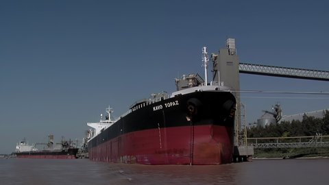 Rosario, Argentina - March 2020: Bulk Carrier in the Grain Port of Rosario, Parana River, Argentina. 