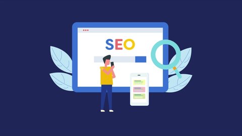 SEO, Search engine optimization, mobile SEO, Businessman searching SEO rank - conceptual 2d character animation video clip