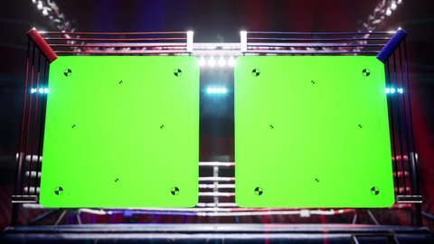 Empty boxing arena with green markered scoreboard or information for tracking 4k footage mocap