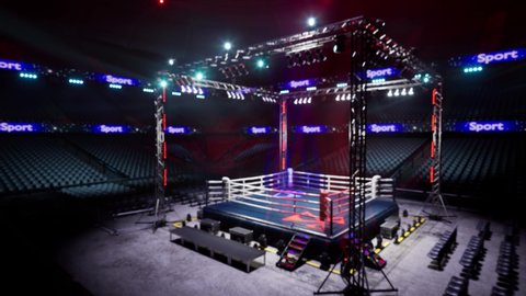 Empty boxing arena waiting new round blue corner . fly camera 4k hi quality video render 