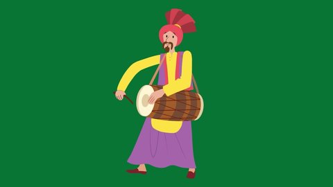 4k Vector Graphic Illustration Of Punjabi Turban Man Wearing Yellow Cloth Dhoti Kurta and Playing Dhol Punjabi Style Loop. Individually On A Chroma Key Green Screen Background. Punjabi Character