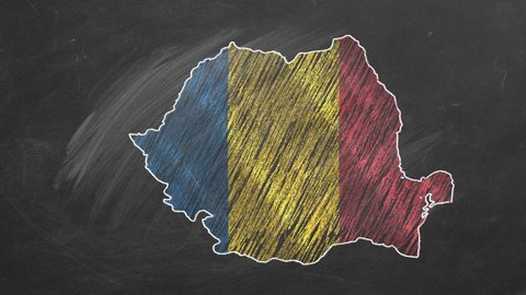Country map and flag of Romania drawing with chalk on a blackboard. 4K hand drawn animation. One of a large series of maps and flags of different countries. Education, travel, study abroad concept.