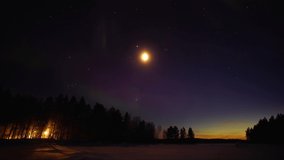  Northern Lights Time lapse 4K video, polar light or Aurora Borealis in the dark winter night sky over the arctic landscape.