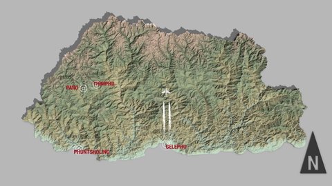 Seamless looping animation of the 3d terrain map of Bhutan with the capital and the biggest cites in 4K resolution