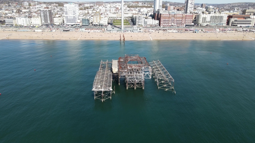 Old pier Brighton UK Aerial 2021 footage 4K Royalty-Free Stock Footage #1071334045
