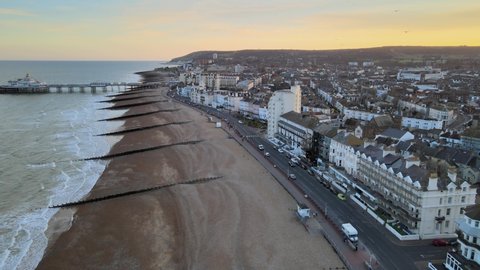 Eastbourne beach and town at Sunset Sussex Uk Aerial view 4K