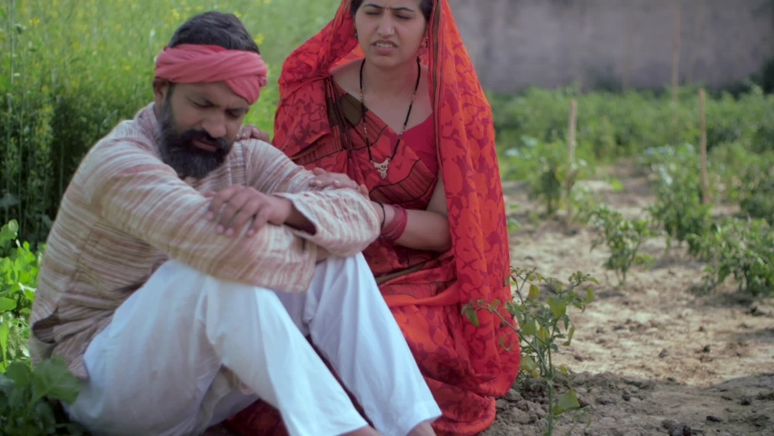 Two Indian agricultural workers unhappy with the low-level crop harvesting. Medium shot of a worried farmer and his traditional wife sitting anxiously in their field area Royalty-Free Stock Footage #1071343264