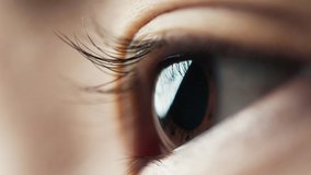 Eye Human with Beautiful Brown Iris Macro Shot. Bright Beauty Female Open Eyes with Pupil Dilation. Extreme Close-up Asian Girl Clear Looking Forward. Contracting Eye Iris on Light. View Concept 4k - Powered by Shutterstock - Get 15% off with code: PIKWIZARD15