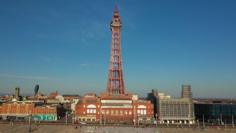 4K: Aerial Drone Video of The Blackpool Tower, England, UK. Flying upwards with the landmark in front. Stock Video Clip Footage