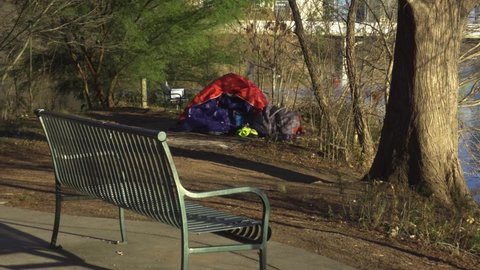 Austin, Texas January 23, 2021 Homeless Tent in city park in austin texas