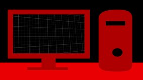 Animation of red lines recording over computer screen with red cpu on black background. global business and finances concept digitally generated video.