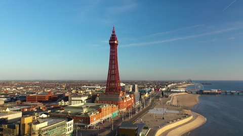 4K: Aerial Drone Video of Blackpool with it's famous Tower, England, UK. Flying down the Coast towards the landmark. Stock Video Clip Footage