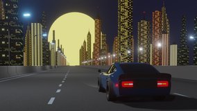 Retro-futuristic 80s style drive with night city background. Moving car on a highway road. VJ synthwave looping 3D animation for music video. 