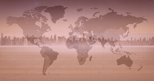 Animation of world map with covid 19 pandemic locations over cityscape on pink background. global coronavirus covid 19 pandemic concept digitally generated video.