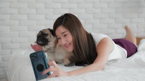 An asian woman in casual clothes lying on a bed with her pet pug, taking a selfie together. Activities at home from work at home due to the city lock down due to the coronavirus outbreak.