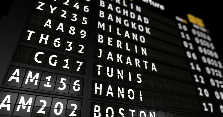 3D generated animation, analog flight information display board with the arrival city of Hiroshima, 4 different animations