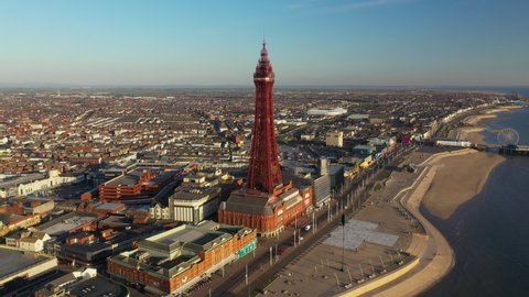 4K: Aerial Drone Video of The Blackpool Tower, England, UK. Circling around the famous landmark. Stock Video Clip Footage