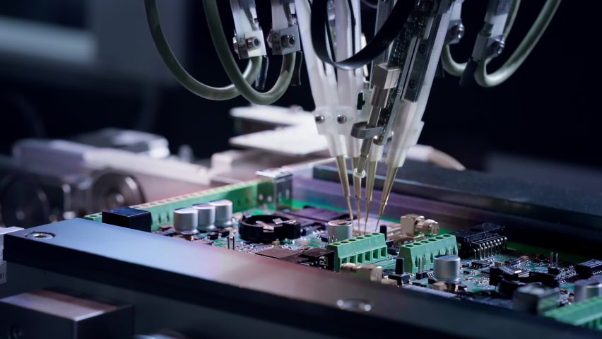 Electronic circuit boards production and installation of SMD components. Needle automatic equipment diagnose and test chips and processors. Manufacture of electronic chips. High-tech, close-up | Shutterstock HD Video #1071367855