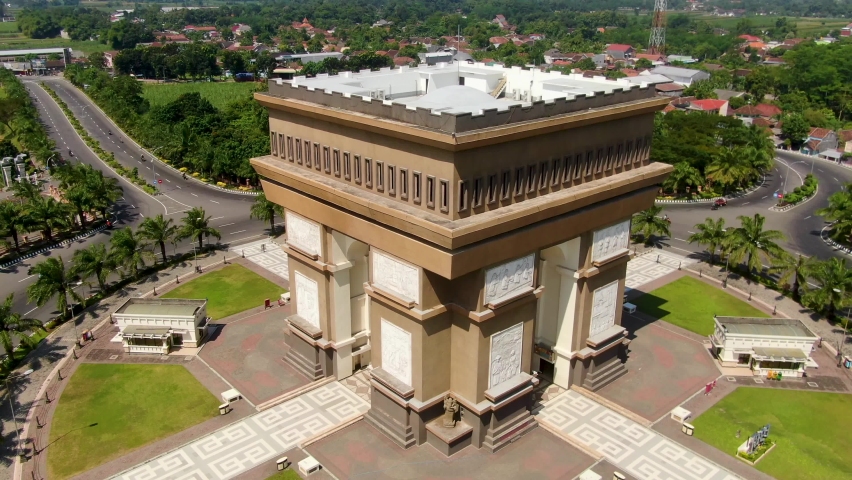 Aerial view of arch of triumph Simpang Lima Gumul Monument in Kediri, Indonesia