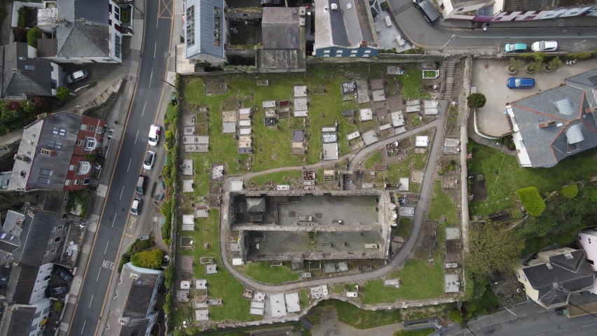 Ruins Of St. Marys Abbey Church in Howth Dublin, Ireland - aerial, top down