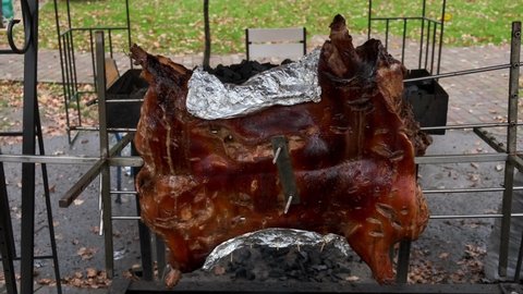 A detailed view of a roasted pig carcass spinning on a spit. Street food, closeup.