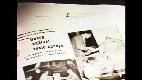 CIRCA 1958 - A victim is treated for extreme exposure to pesticides in a hospital and clinical research publications are written.