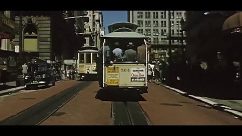 CIRCA 1955 - A cable car is turned around at a terminal on Powell Street in San Francisco, California.