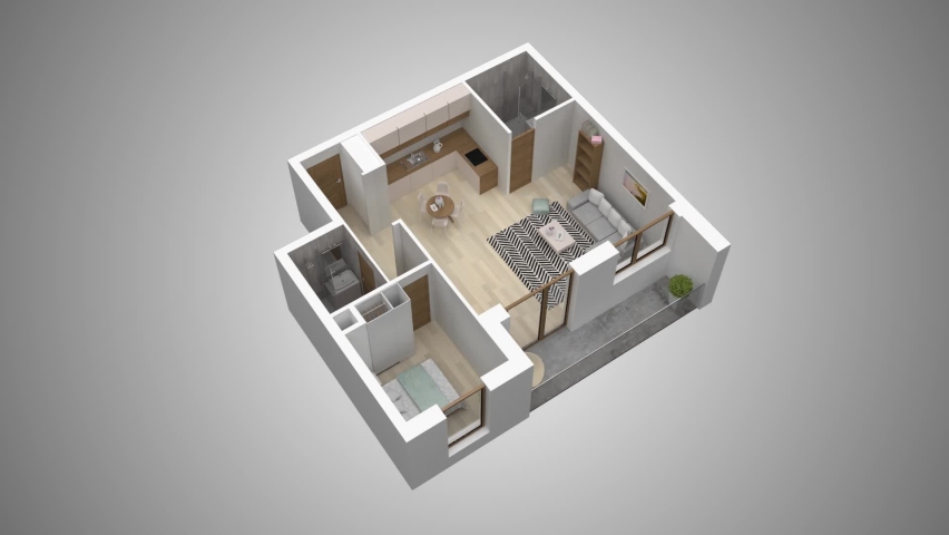 3D animation Apartments Building floor plan. changes in space and furniture due to wall movement. Isometric plan. Royalty-Free Stock Footage #1071400777