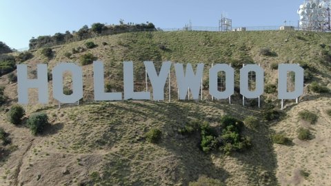 Hollywood California USA - Sep 15 2020: Hollywood Sign Front to Side View Aerial Shot Rotate R California USA