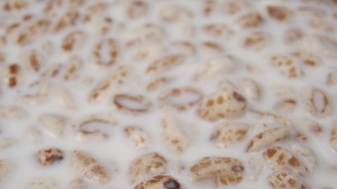 A spoonful of puffed wheat spelt cereal flakes over a bowl of morning milk porridge. Macro shot