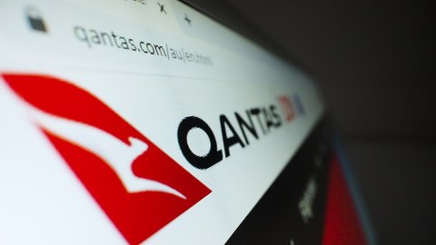 Melbourne, Australia - Mar 25, 2021: Motorized moving shot of Qantas logo on its website
