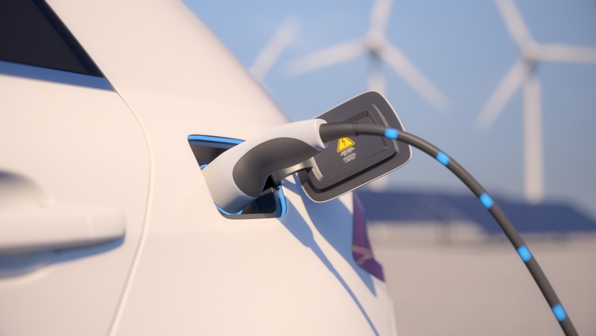 Close-up of an electric car charging with solar panels and wind turbines in background. Green and renewable energy concept. Shallow depth of field. Realistic high quality 3d animation. Royalty-Free Stock Footage #1071410938
