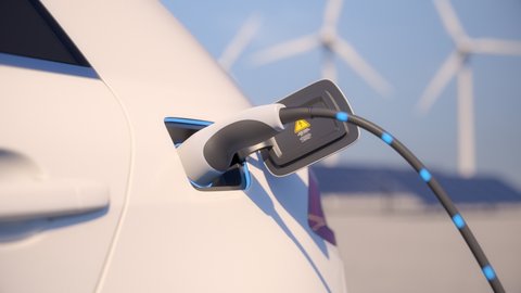 Close-up of an electric car charging with solar panels and wind turbines in background. Green and renewable energy concept. Shallow depth of field. Realistic high quality 3d animation.