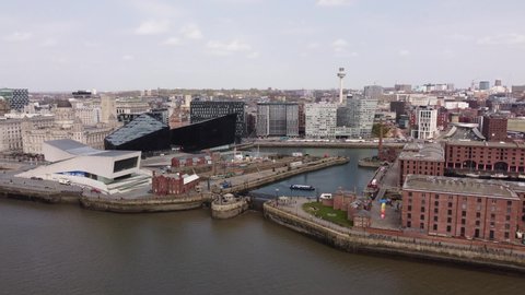 Liverpool, Merseyside, UK - April 20th, 2021: 4K Liverpool Waterfront Aerial 