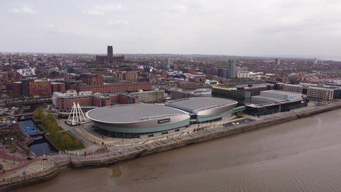Liverpool, Merseyside, UK - April 20th, 2021: 4K M and S Bank Arena and the ACC Liverpool complex aerial