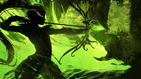 2d Animation of The black silhouette of a young elf hunter in a green forest, she stands in a fighting position with a stretched magic arrow, ready to hit her target, on her side the spirit cat raring to fight. 2d 