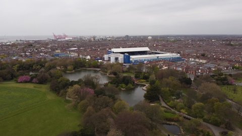 Liverpool, Merseyside, UK - April 20th, 2021: 4K Goodison Park EFC football stadium, Everton aerial