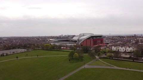 Liverpool, Merseyside, UK - April 20th, 2021: 4K Anfield LFC football stadium, home of Liverpool football club
