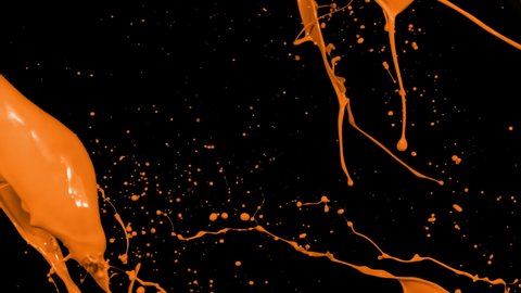 SlowMotion Orange Paint Flow and Splashing from right Side isolated on Black Background 4K with Luma Channel