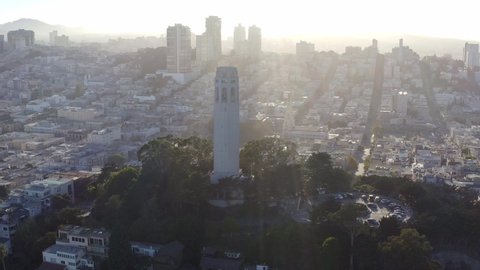Aerial, San Francisco Coit Tower and cityscape, panning right drone 05.