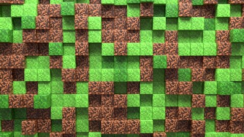 3D Abstract cubes loop. Video game isometric geometric mosaic waves pattern. Construction of hills landscape using brown blocks. Minecraft style. 4K animation