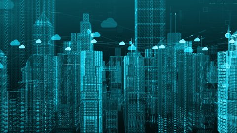 Smart city wireframe of cloud computing using artificial intelligence. Futuristic technology internet 5g and big data connection. Cybersecurity digital data background