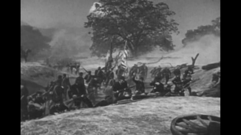 CIRCA 1960s - Re-enactment of a Civil War battle is followed by photographs of the devastated land afterwards (narrated in 1961).